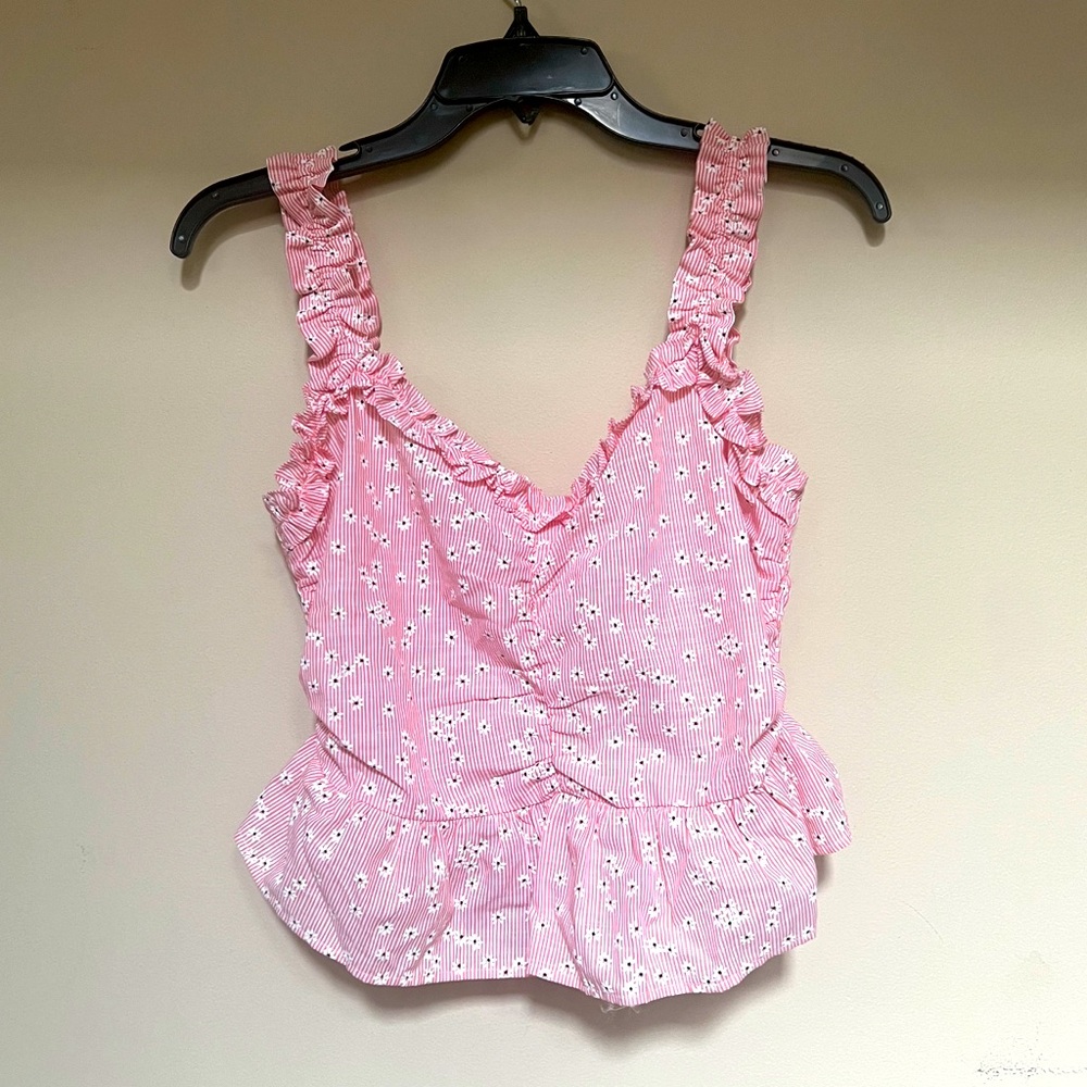 NWT Lush Pink Stripe Floral Peplum Crop Top